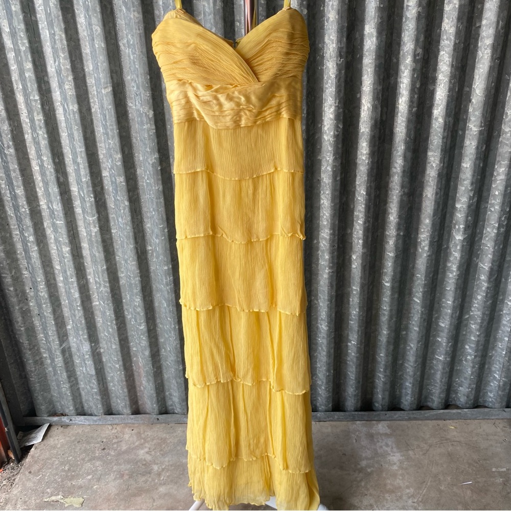 BCBGMAXAZRIA 100% Silk Yellow Tiered Ruffle Strapless Dress Size 0